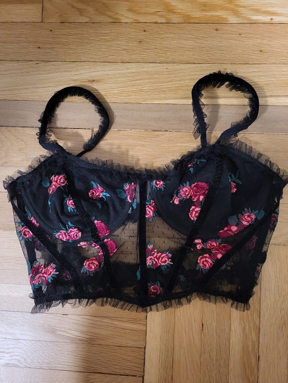 For Love And Lemons, Black Floral Rosebud Embroidered Lace Bustier Crop Top